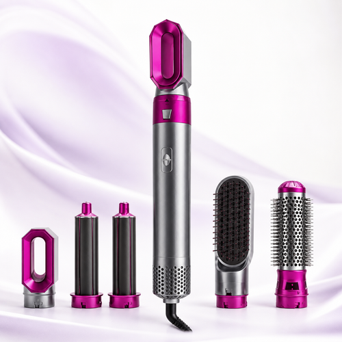 Hot Air Brush 5-in-1 Ceramic Styler with interchangeable attachments on a clean white background.