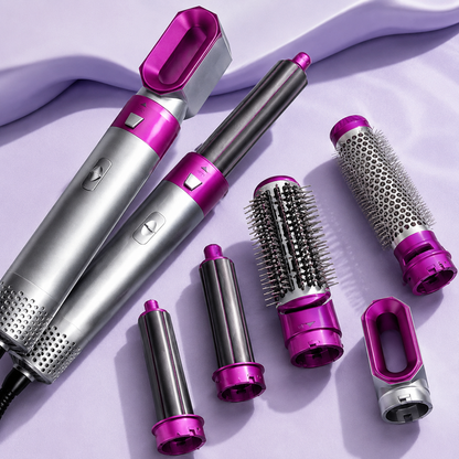 Close-up of Hot Air Brush styling attachments including curling barrels, brush head, and air styling nozzle.