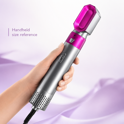 Hot Air Brush shown with benefits for drying, curling, smoothing, quick styling, and everyday hair styling.
