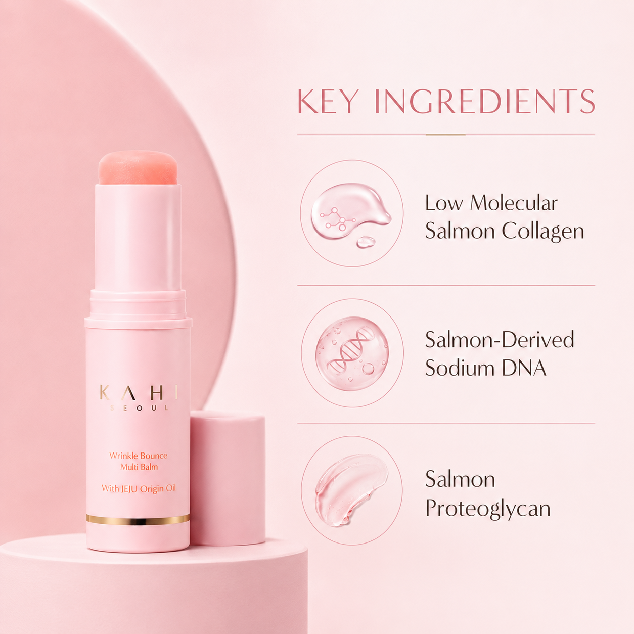 KAHI Wrinkle Bounce Multi Balm key ingredients including low molecular salmon collagen, salmon-derived sodium DNA, and salmon proteoglycan.