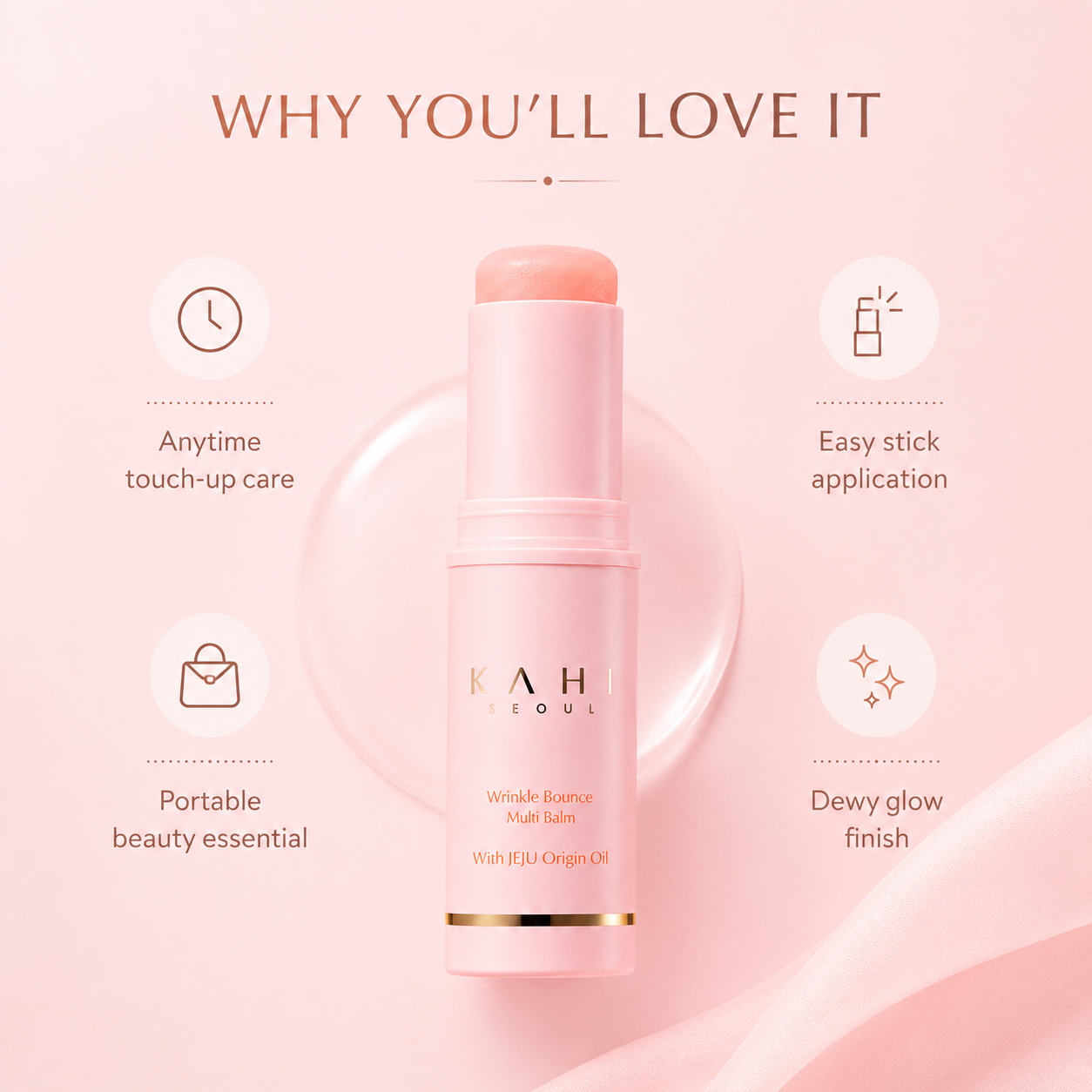 KAHI Wrinkle Bounce Multi Balm shown with benefits for touch-up care, easy stick application, portability, and a dewy-looking finish.