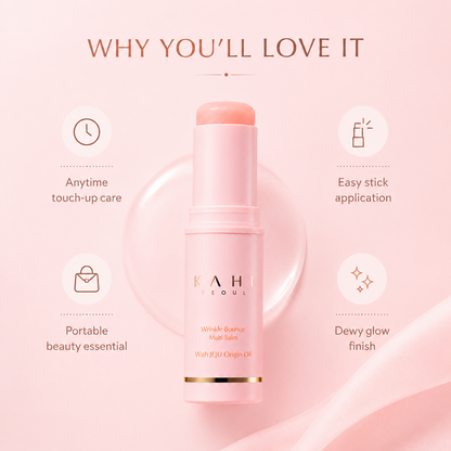 KAHI Wrinkle Bounce Multi Balm shown with benefits for touch-up care, easy stick application, portability, and a dewy-looking finish.