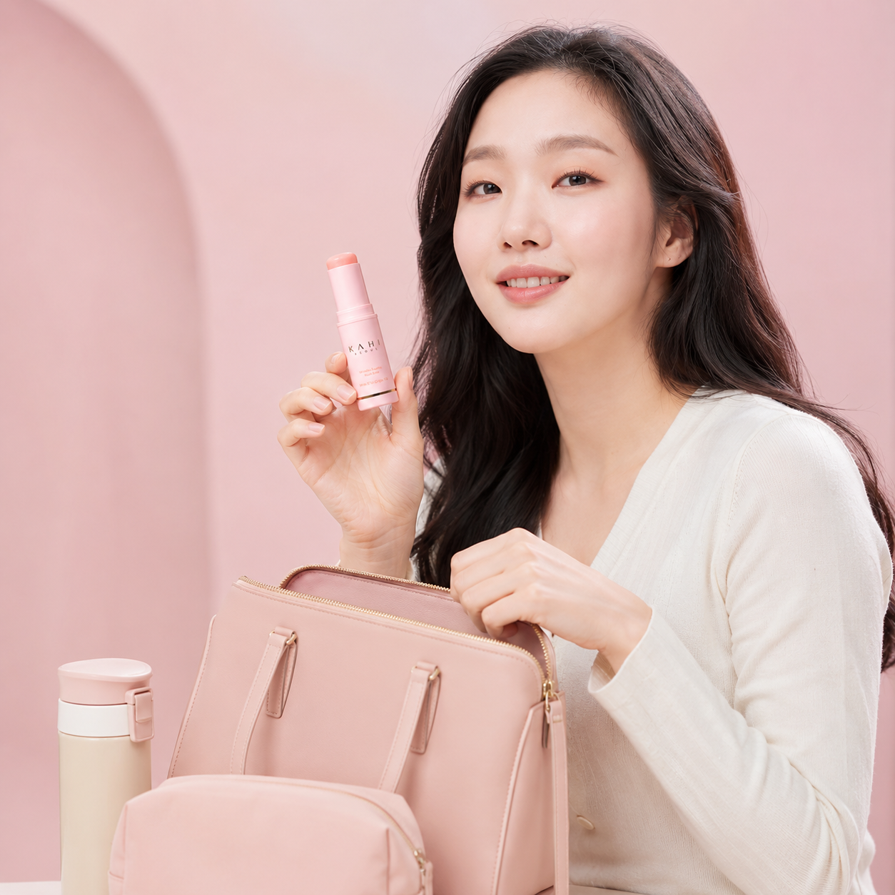 Person holding KAHI Wrinkle Bounce Multi Balm near a handbag to show its compact travel-friendly skincare stick design.