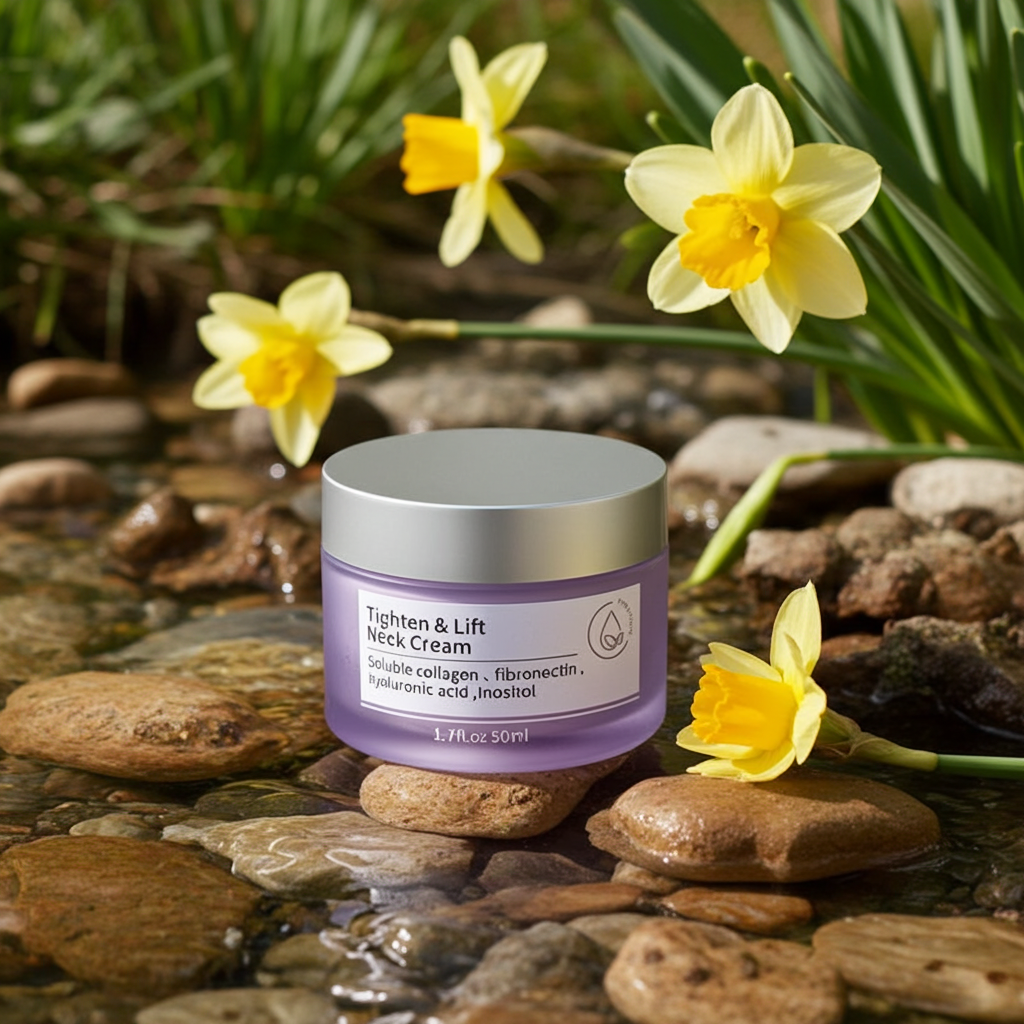 Jar of 'Tighten & Lift Neck Cream' surrounded by yellow flowers on stones