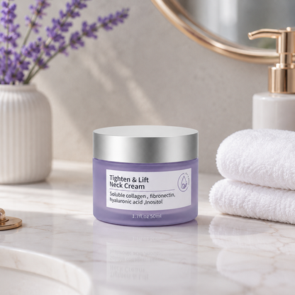 Tighten & Lift Neck Cream on a bathroom vanity with towels, mirror, and soft skincare styling.
