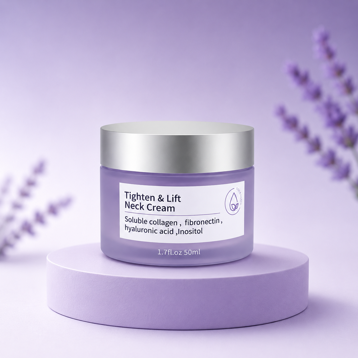 Tighten & Lift Neck Cream displayed on a soft lavender pedestal for a premium skincare presentation.