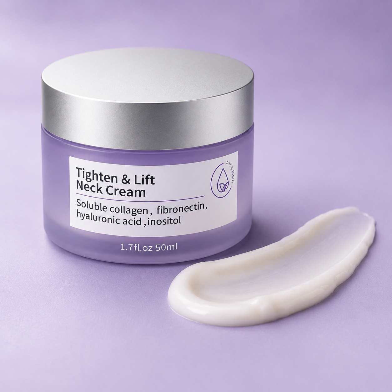Tighten & Lift Neck Cream jar shown with a smooth cream texture swatch on a lavender surface.