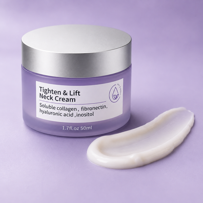 Tighten & Lift Neck Cream jar shown with a smooth cream texture swatch on a lavender surface.