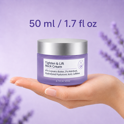 Tighten & Lift Neck Cream 50ml 1.7 fl oz jar held in hand to show product size.