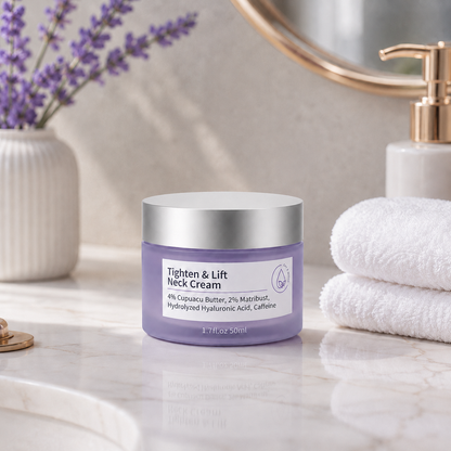 Tighten & Lift Neck Cream on a bathroom vanity with towels, mirror, and soft skincare styling.