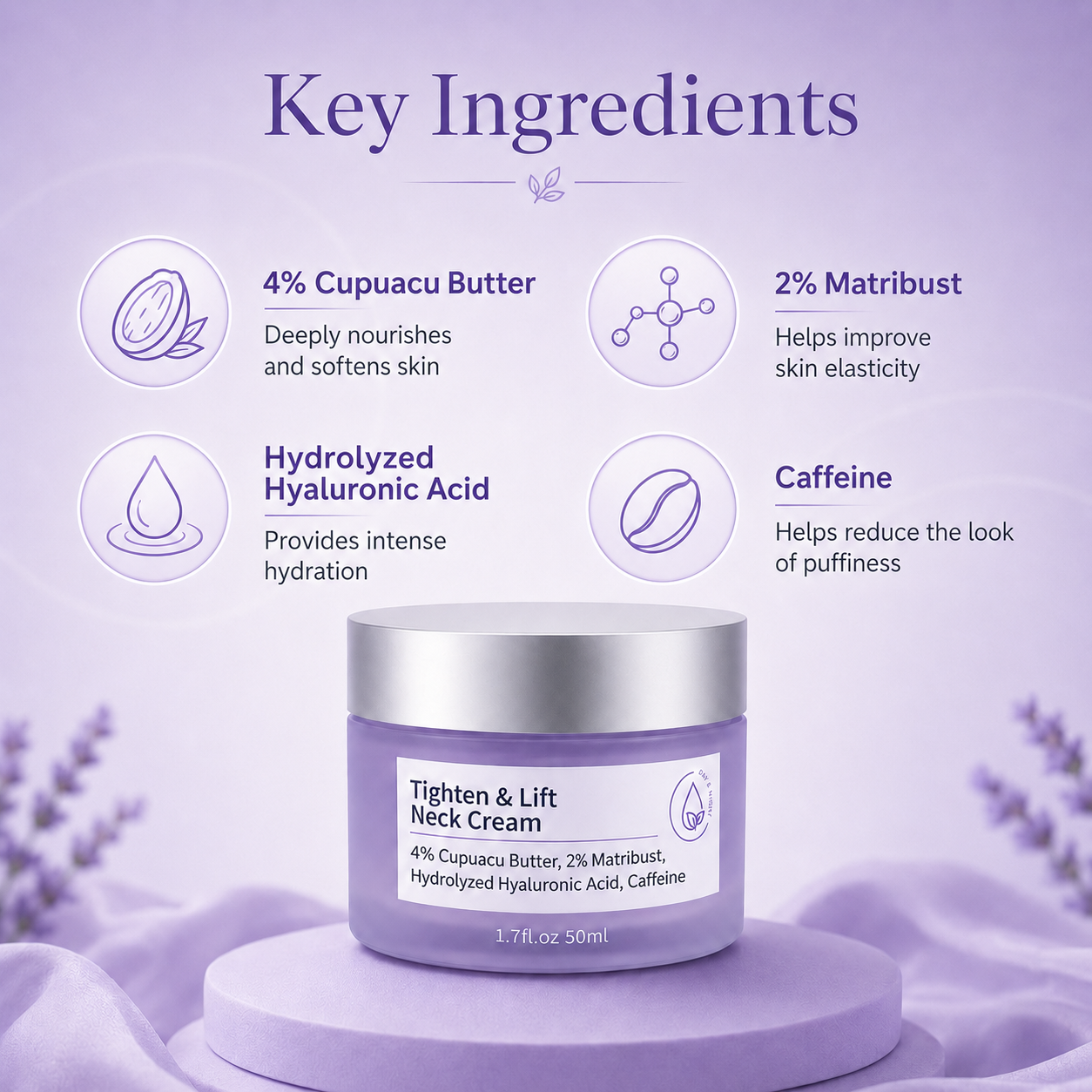 Tighten & Lift Neck Cream key ingredients: soluble collagen, fibronectin, hyaluronic acid, and inositol.