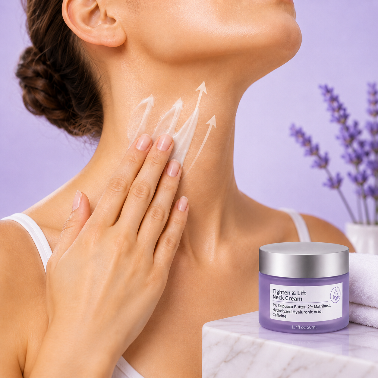 Person applying Tighten & Lift Neck Cream upward on the neck and jawline.