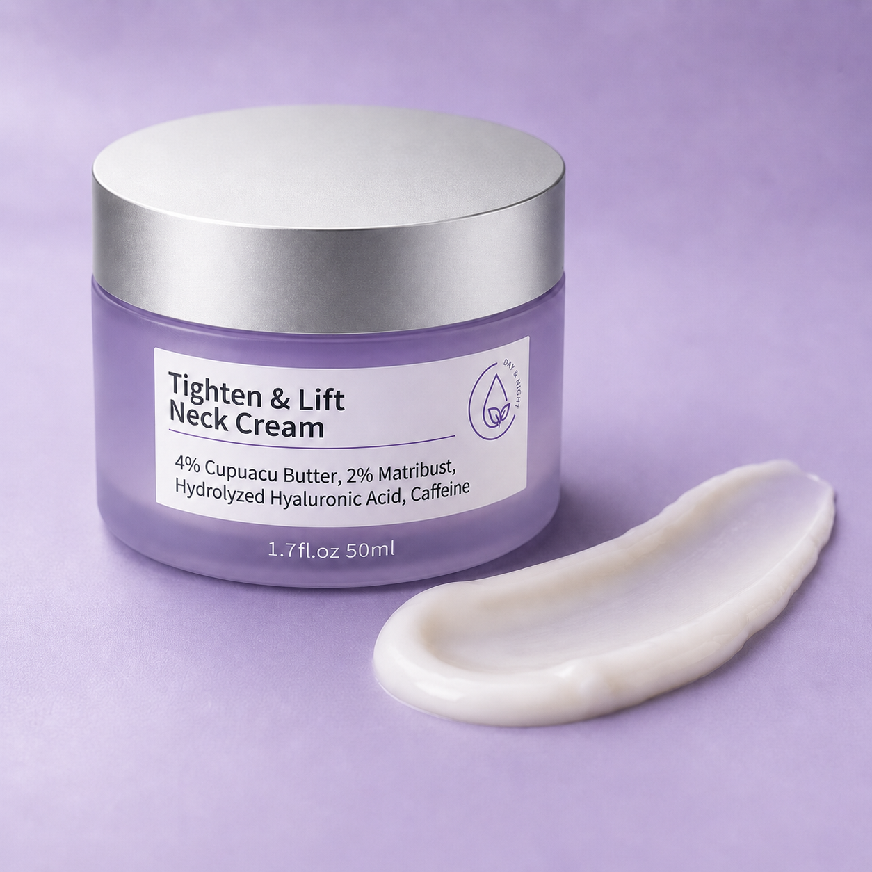 Tighten & Lift Neck Cream jar shown with a smooth cream texture swatch on a lavender surface.