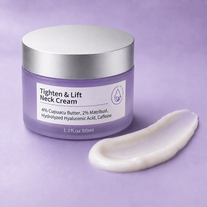 Tighten & Lift Neck Cream jar shown with a smooth cream texture swatch on a lavender surface.